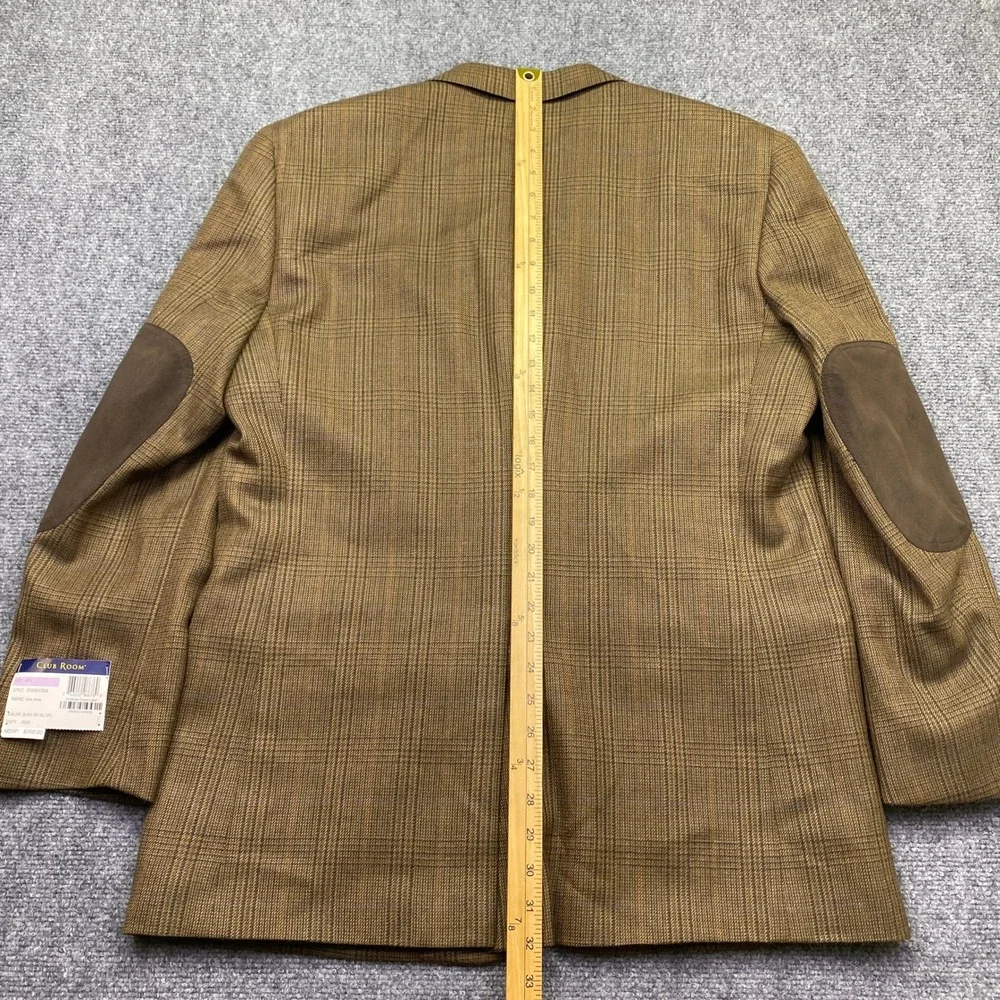 Club Room Mens 42R Wool Blazer Olive Glen Plaid Elbow Patches CF83B37503 NEW